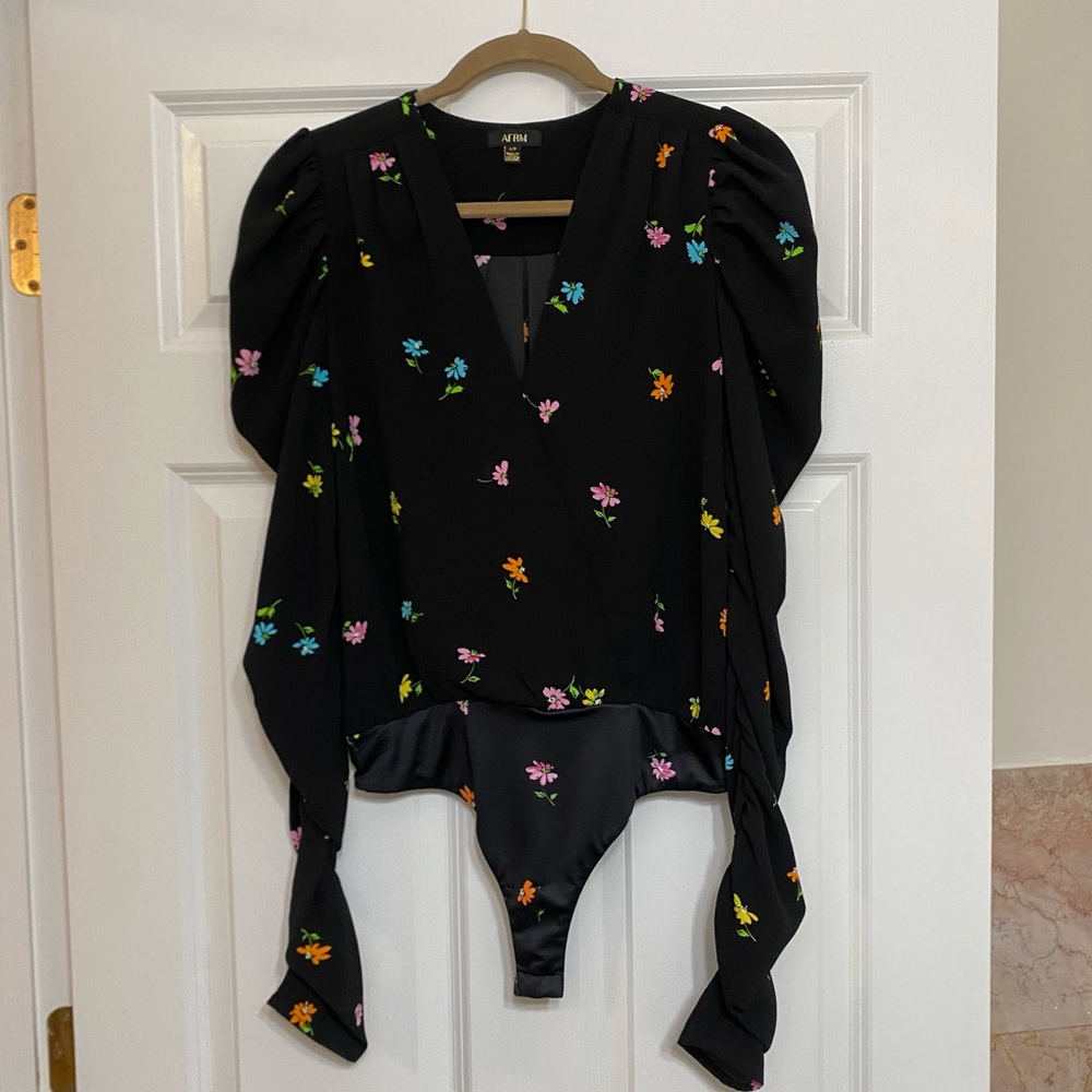 AFRM Black Bodysuit with Flowers Puffy Shoulder V-neck Size S